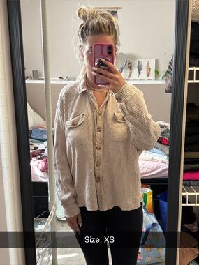 Waffle-Knit Button-Down Shirt Jacket - Cream